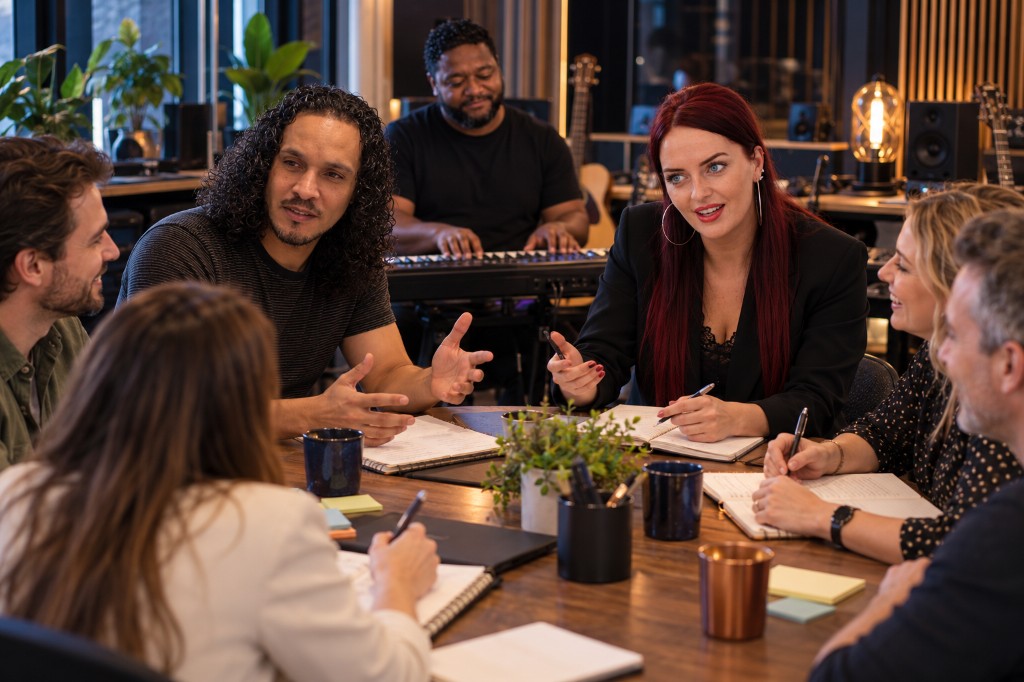 Een groep schrijft samen aan een song aan tafel in de studio.