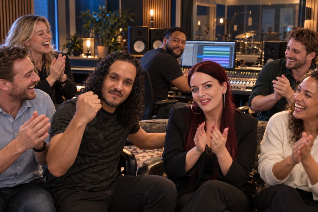 Een groep luistert samen een opname terug in de studio.